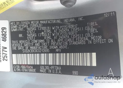 2012 Toyota Sienna Base V6 7 Passenger from USA, damaged, VIN 5TDZK3DC0CS212695